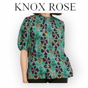 Knox Rose Teal Eggplant Pansy Print Flowy Keyhole Short Sleeve Top XL